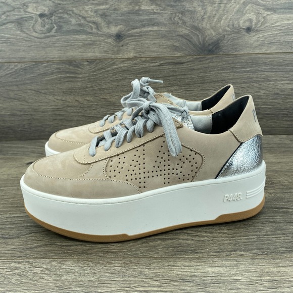 P448 Taylor Platform Sneakers Womens 37 Sand Nubuck Silver Metallic Low Top